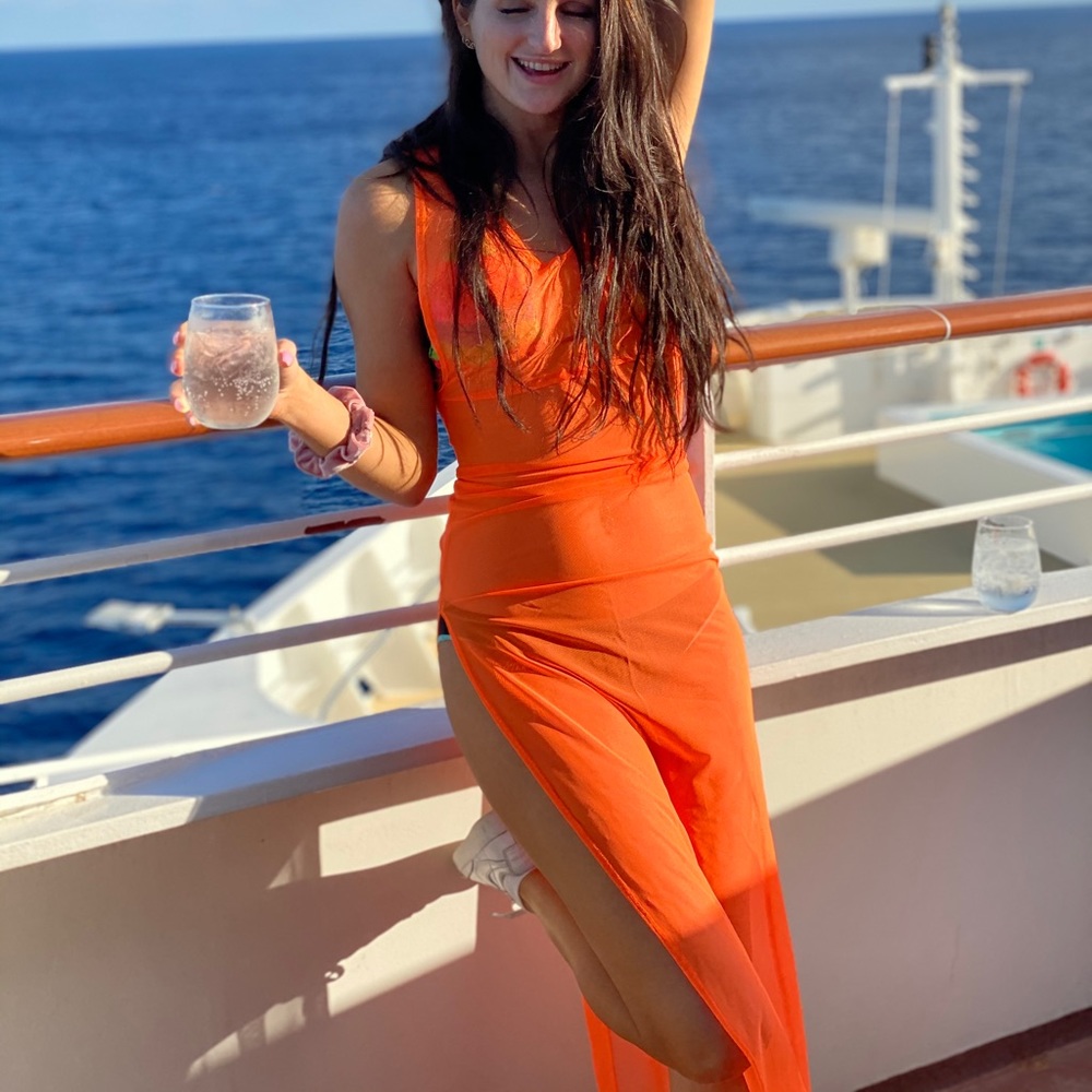 Orange mesh bikini pool cover up